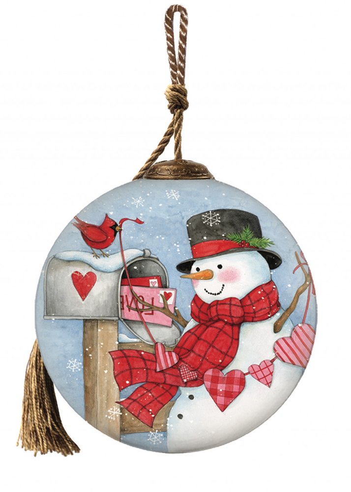 Valentine Snowman Hand Painted Mouth Blown Glass Ornament on a white background