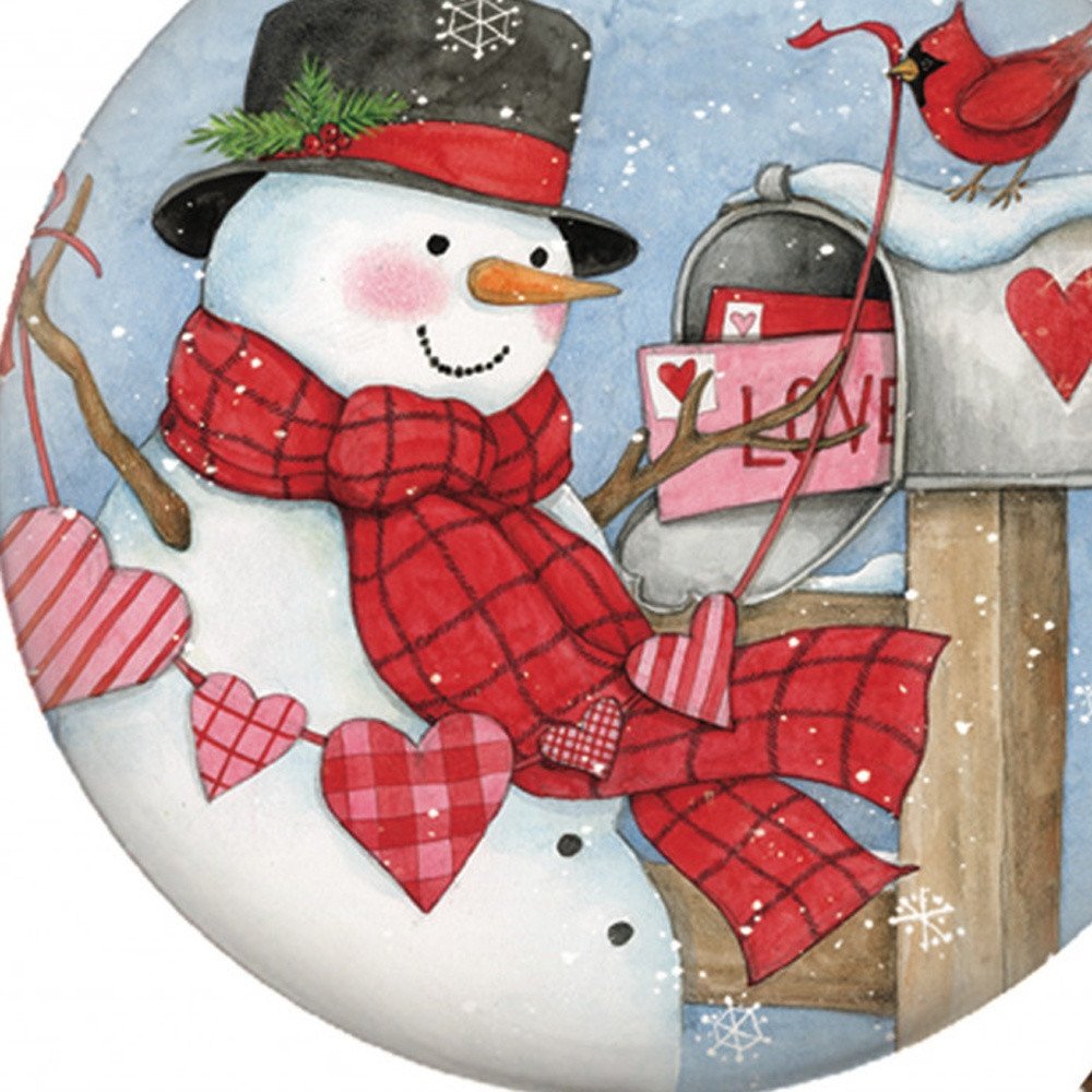Valentine Snowman Hand Painted Mouth Blown Glass Ornament close-up detail
