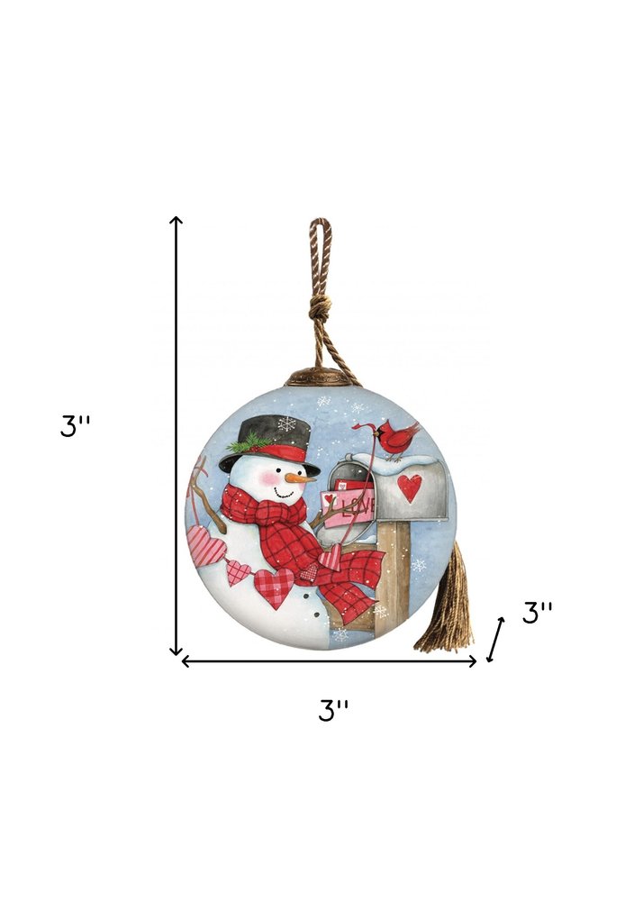 Valentine Snowman Hand Painted Mouth Blown Glass Ornament on a white background