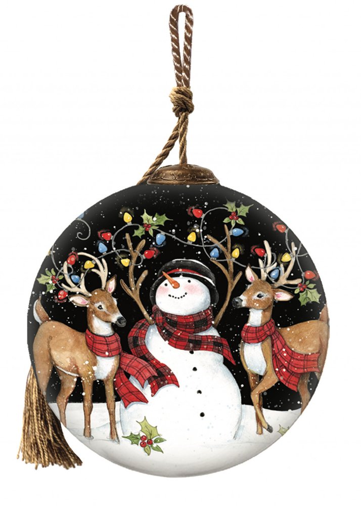 Snowman and Reindeer in Holiday Lights Hand Painted Mouth Blown Glass Ornament on a white background