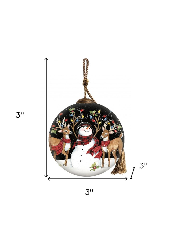 Snowman and Reindeer in Holiday Lights Hand Painted Mouth Blown Glass Ornament on a white background