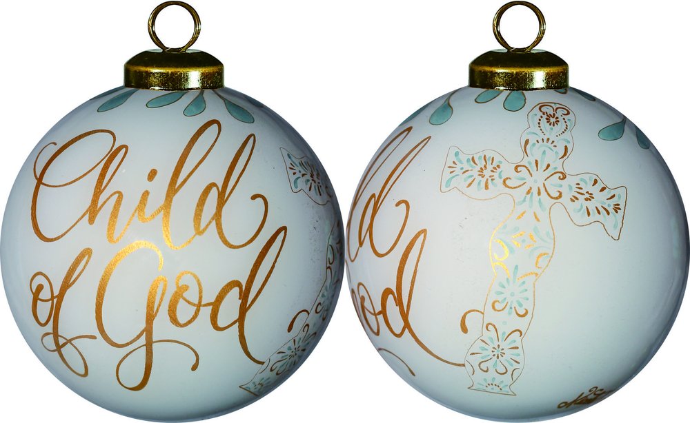 White glass Christmas ornament with gold "Child of God" text and a decorative cross.