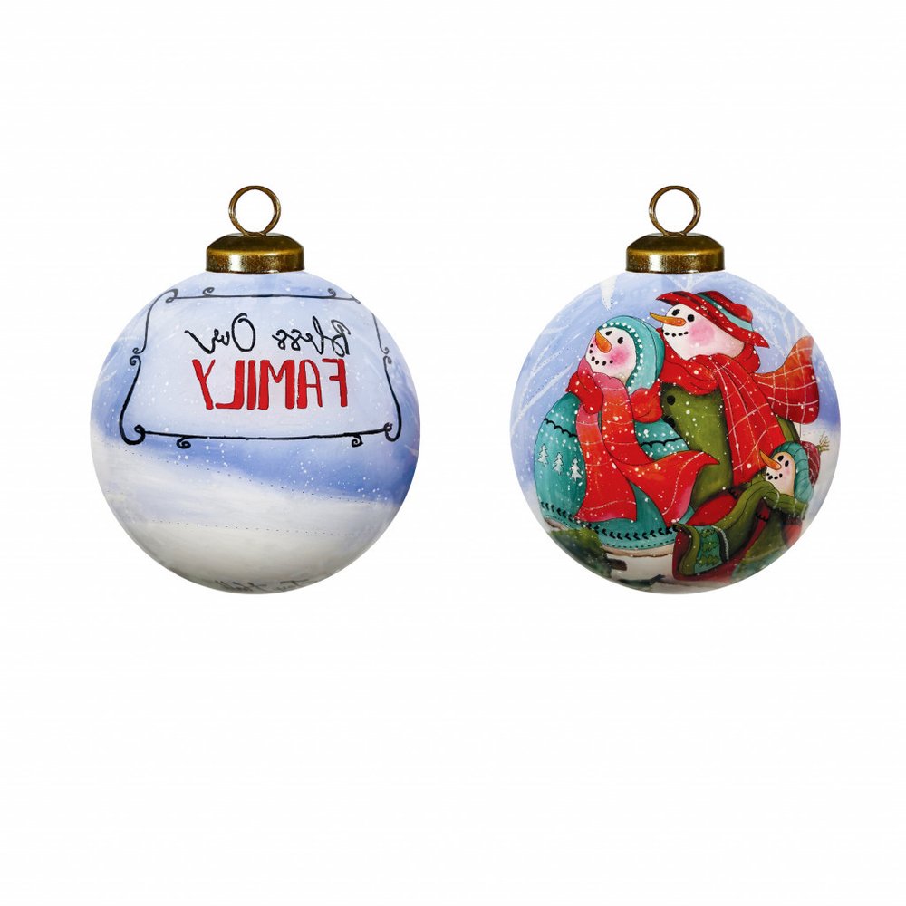 Snowman Family Bless Our Family Wordings Hand Painted Mouth Blown Glass Ornament on a white background
