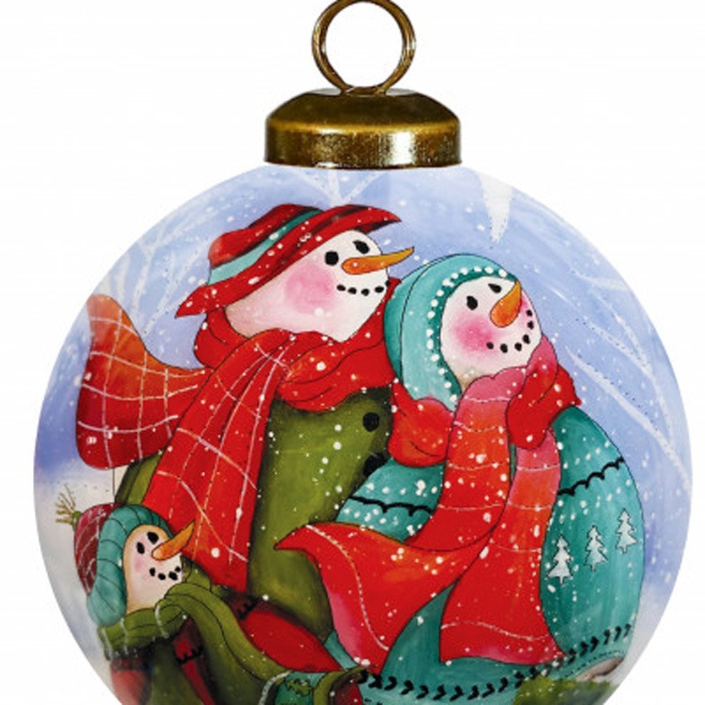 Snowman Family Bless Our Family Wordings Hand Painted Mouth Blown Glass Ornament on a white background