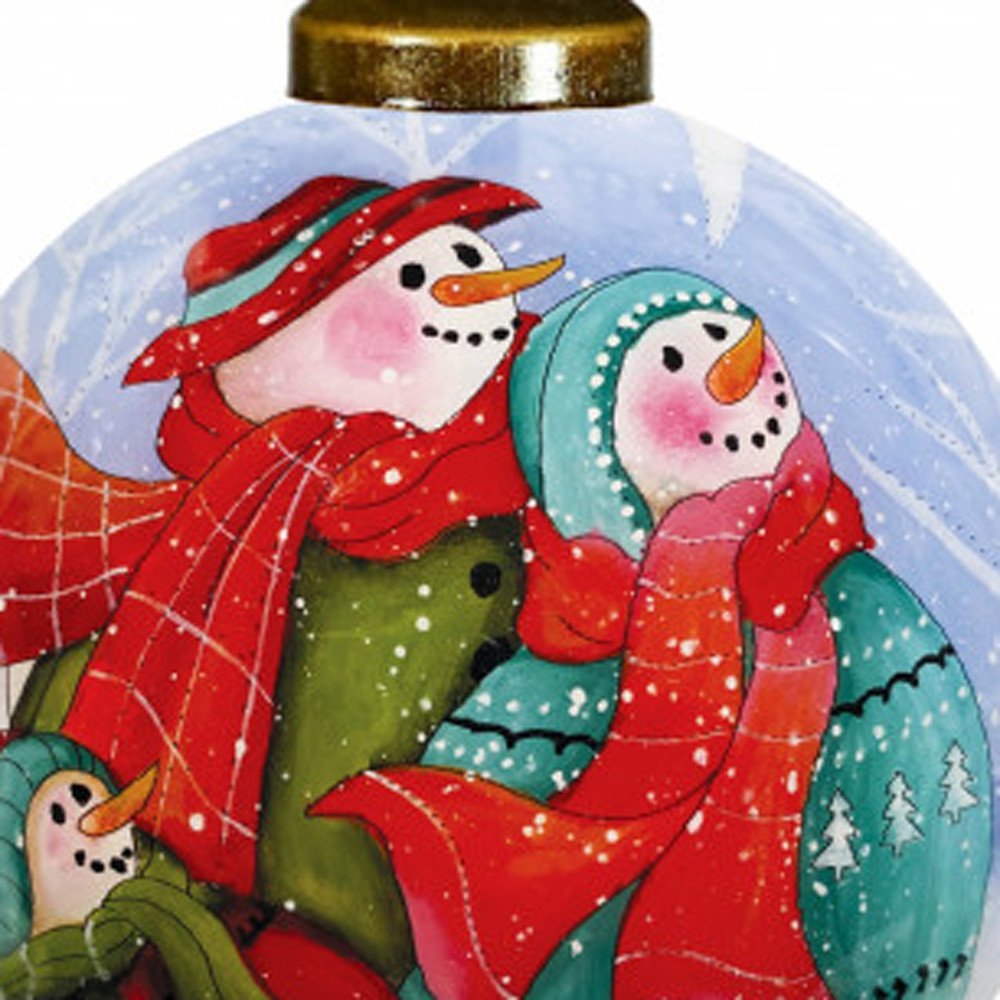 Snowman Family Bless Our Family Wordings Hand Painted Mouth Blown Glass Ornament close-up detail