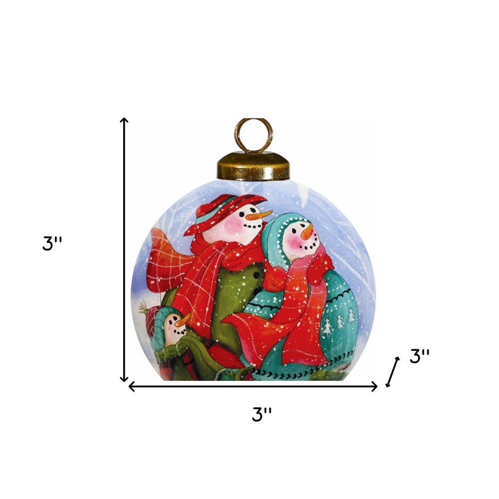 Snowman Family Bless Our Family Wordings Hand Painted Mouth Blown Glass Ornament on a white background