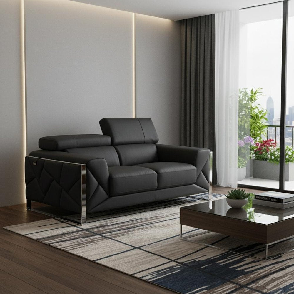 75" Gray And Silver Italian Leather Loveseat in a home interior