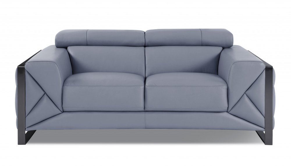 Light blue Italian leather loveseat with black metal frame on a white background.