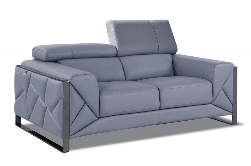 75" Light Blue And Black Italian Leather Loveseat on a white background