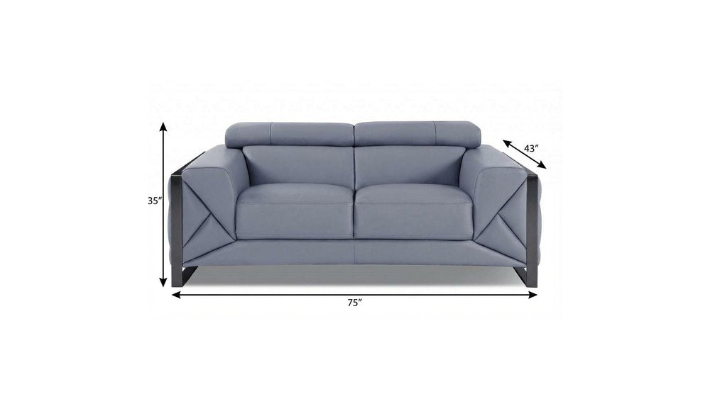 75" Light Blue And Black Italian Leather Loveseat on a white background