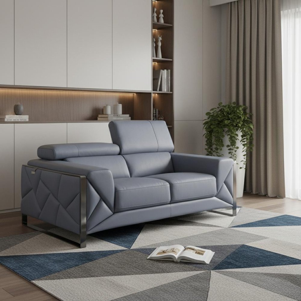 75" Light Blue And Black Italian Leather Loveseat in a home interior