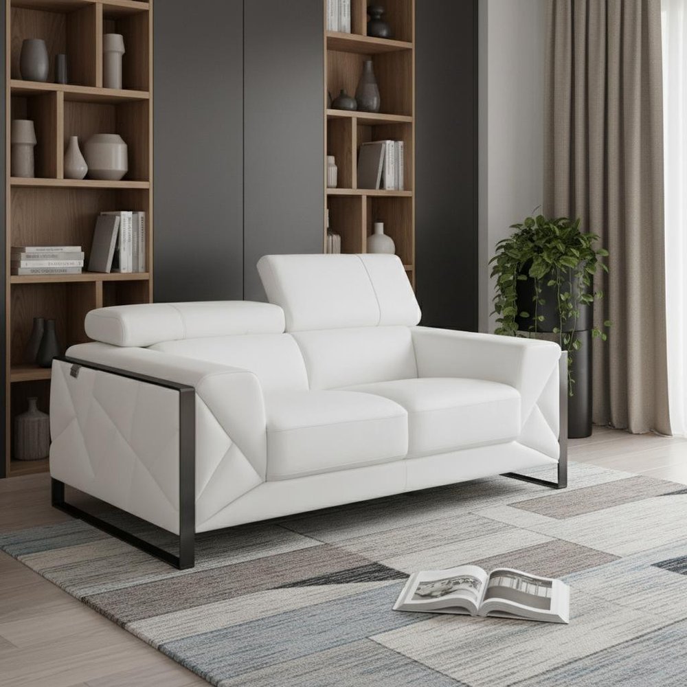 75" White And Black Italian Leather Loveseat in a home interior