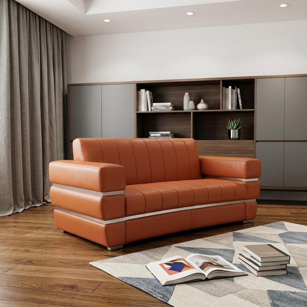 75" Camel And Silver Italian Leather Loveseat