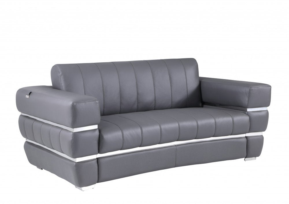 75" Gray And Silver Italian Leather Loveseat - 35" H x 75" W x 44" D