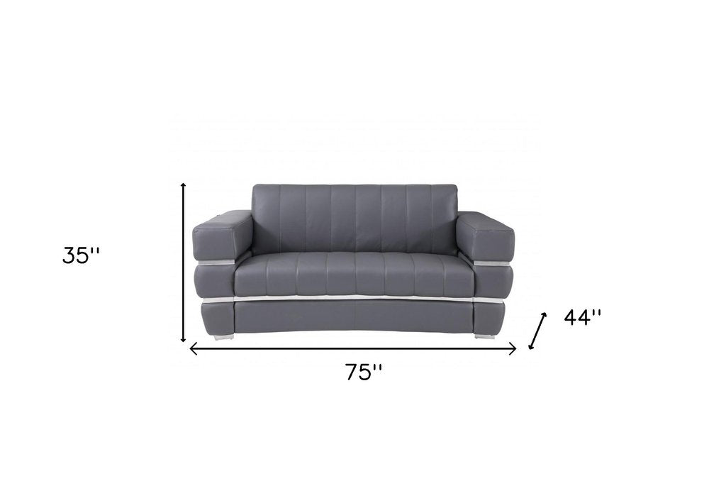 75" Gray And Silver Italian Leather Loveseat - 35" H x 75" W x 44" D