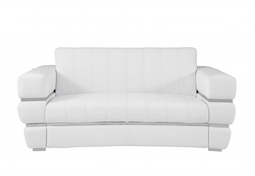 White Italian leather loveseat with silver accents on a white background.