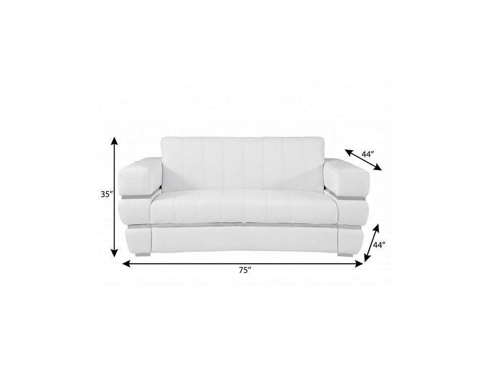 75" White And Silver Italian Leather Loveseat on a white background