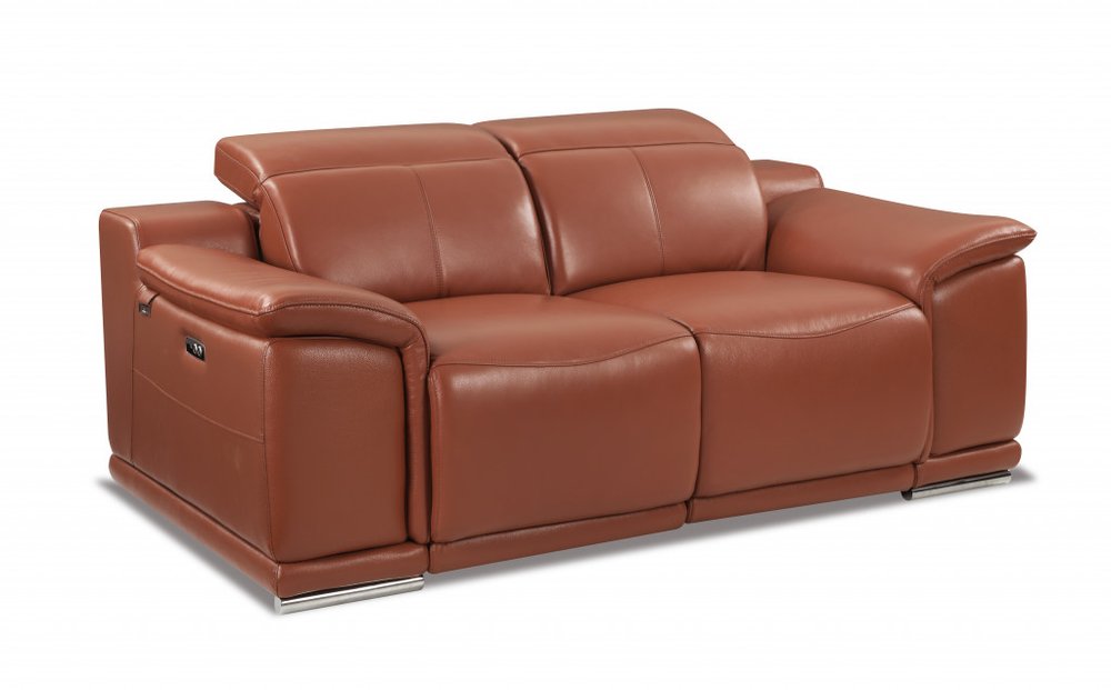 72" Camel And Silver Italian Leather Power Reclining Loveseat on a white background