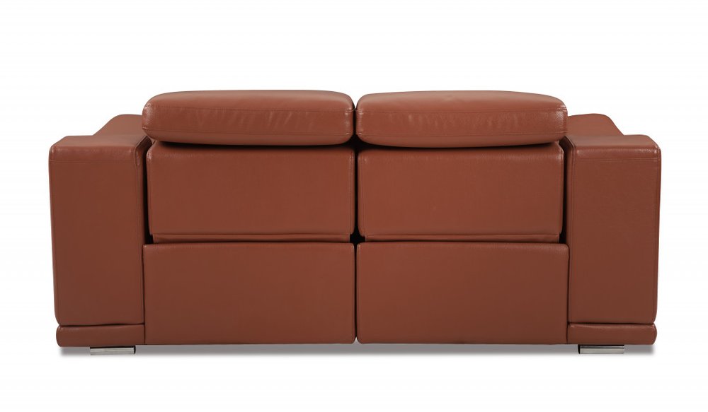 72" Camel And Silver Italian Leather Power Reclining Loveseat on a white background