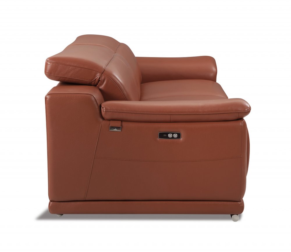 72" Camel And Silver Italian Leather Power Reclining Loveseat on a white background