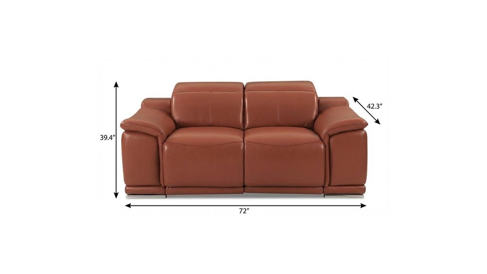 72" Camel And Silver Italian Leather Power Reclining Loveseat on a white background