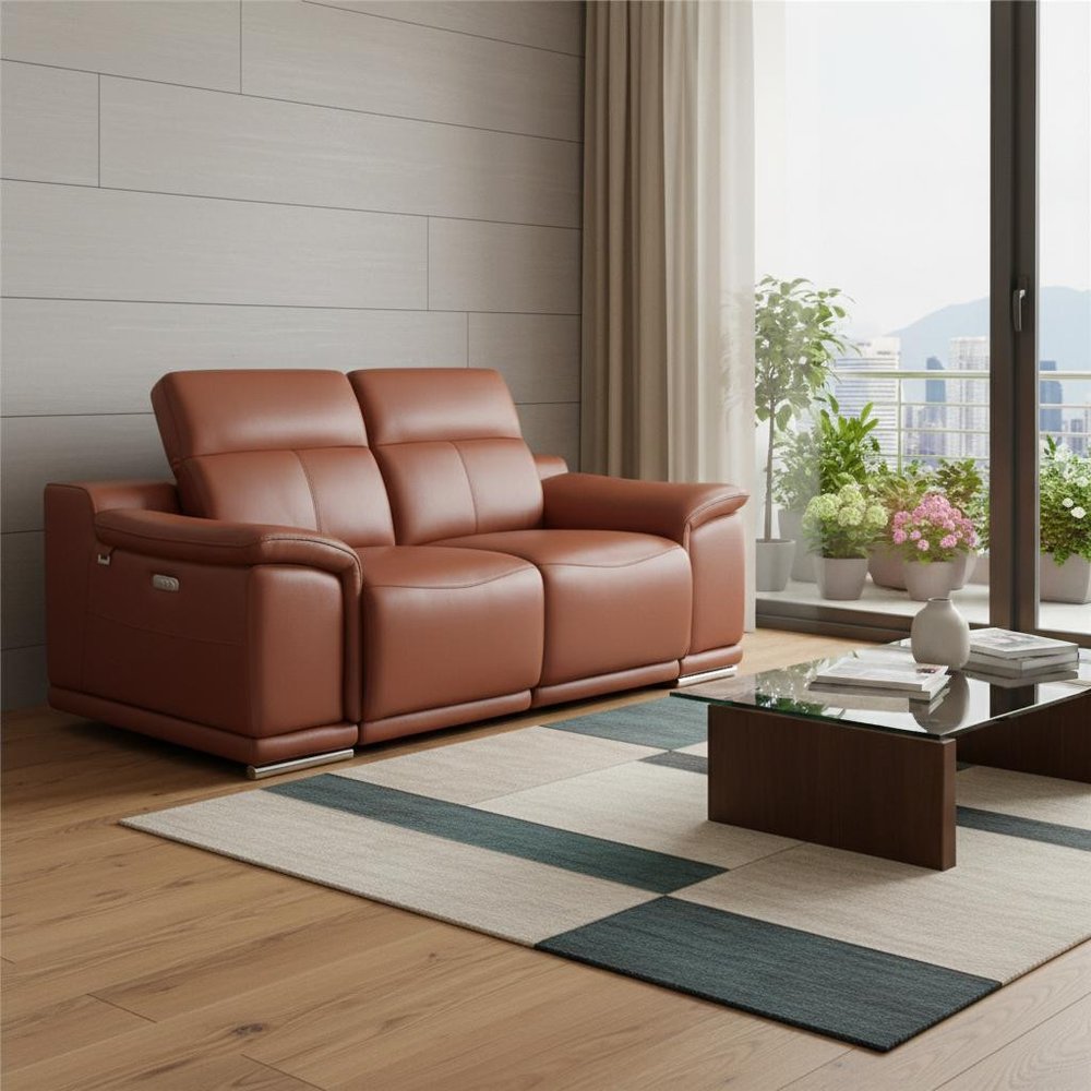 72" Camel And Silver Italian Leather Power Reclining Loveseat in a home interior