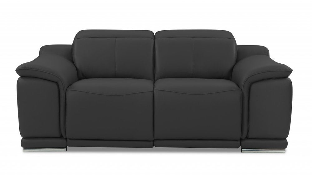 Gray Italian leather power reclining loveseat with silver feet on a white background.