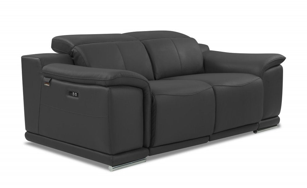 72" Gray And Silver Italian Leather Power Reclining Loveseat on a white background
