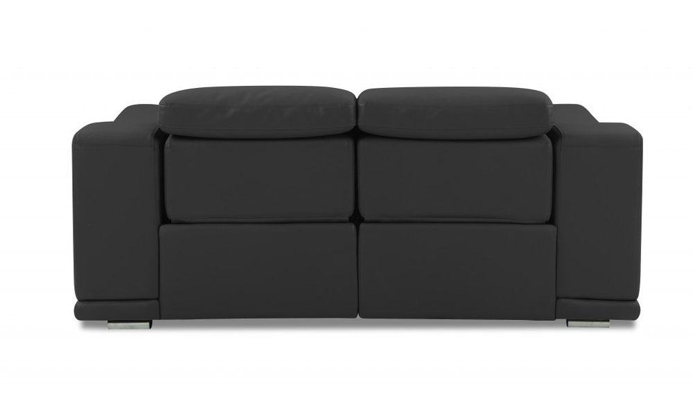 72" Gray And Silver Italian Leather Power Reclining Loveseat on a white background