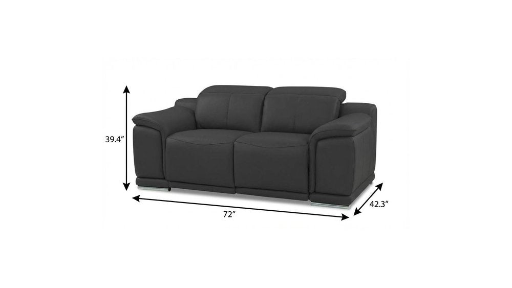 72" Gray And Silver Italian Leather Power Reclining Loveseat on a white background