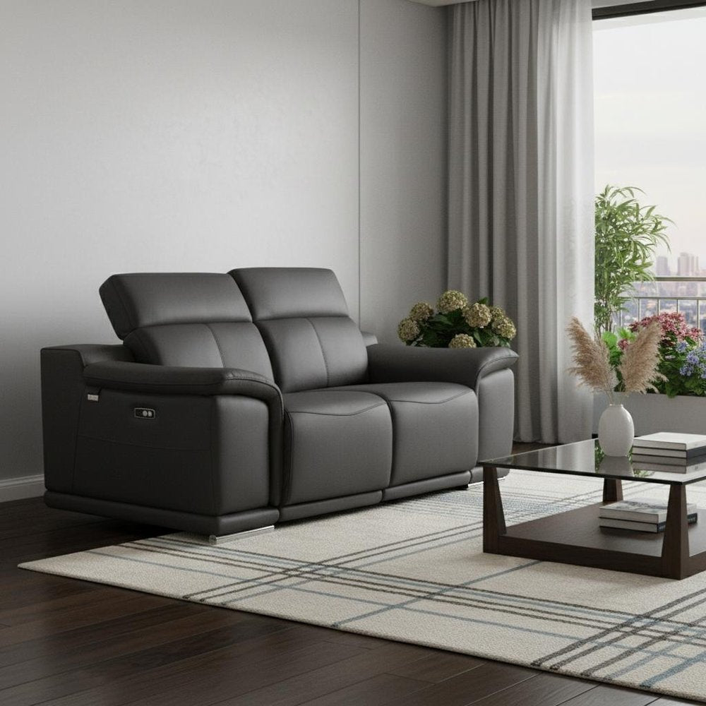 72" Gray And Silver Italian Leather Power Reclining Loveseat in a home interior