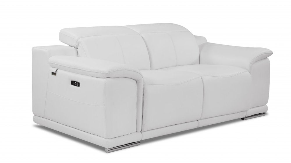 72" White And Silver Italian Leather Power Reclining Loveseat on a white background