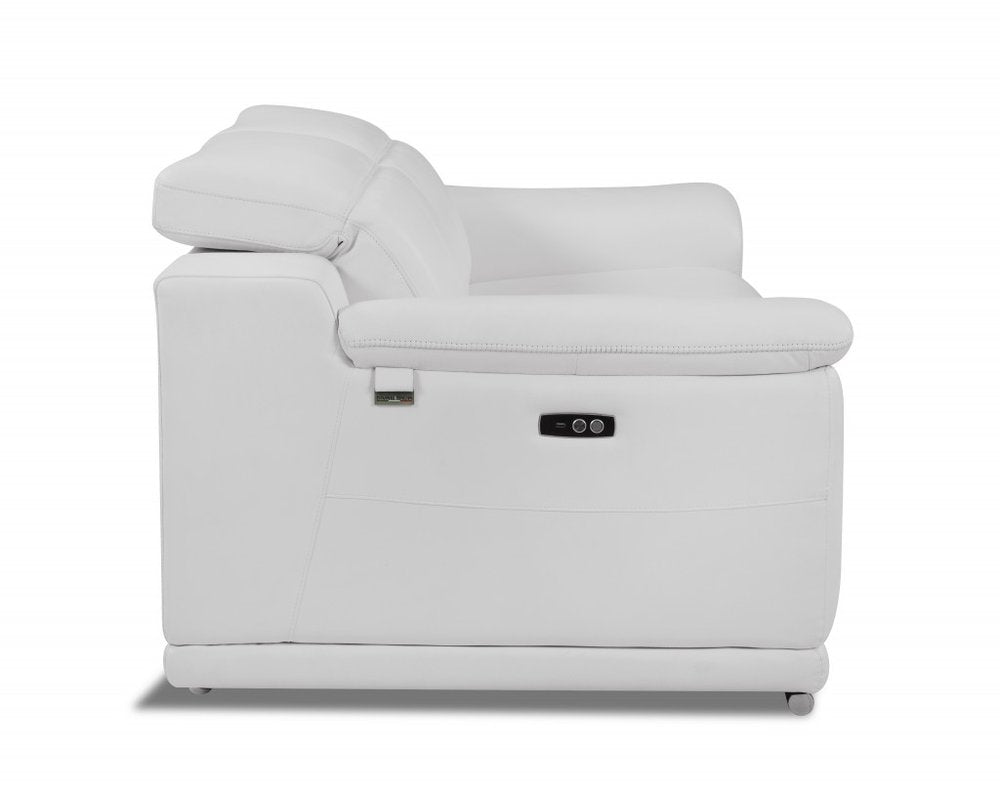 72" White And Silver Italian Leather Power Reclining Loveseat on a white background