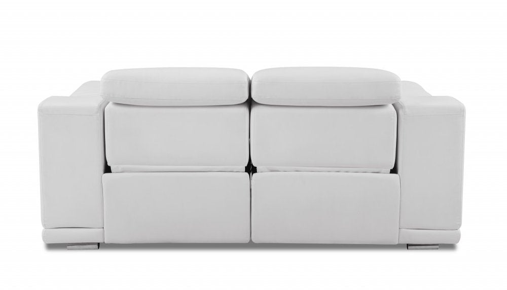 72" White And Silver Italian Leather Power Reclining Loveseat on a white background