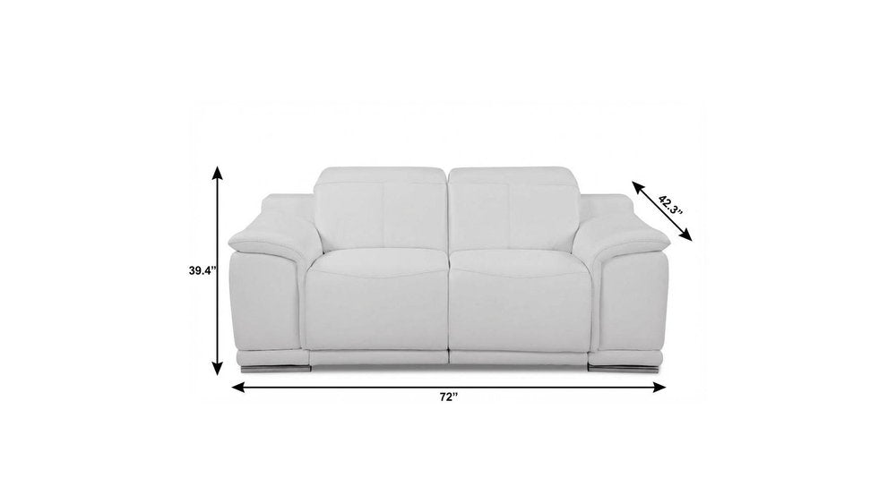 72" White And Silver Italian Leather Power Reclining Loveseat on a white background