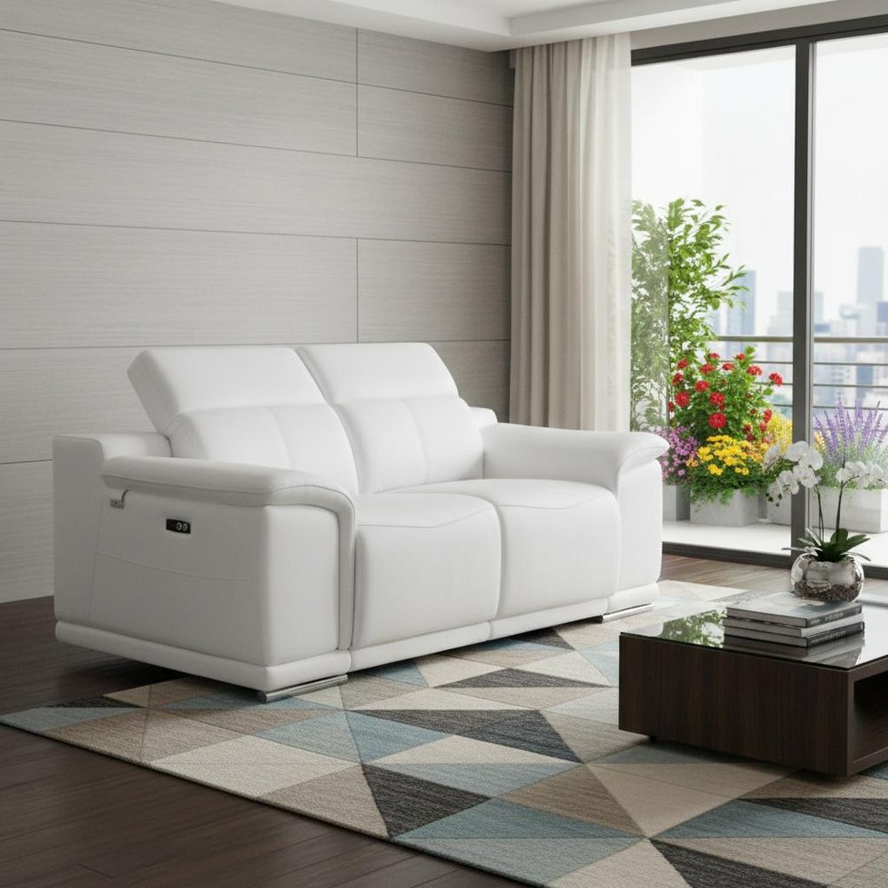 72" White And Silver Italian Leather Power Reclining Loveseat in a home interior