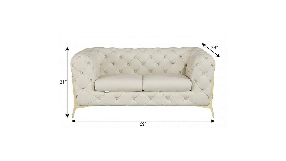 69" Beige And Gold Italian Leather Loveseat