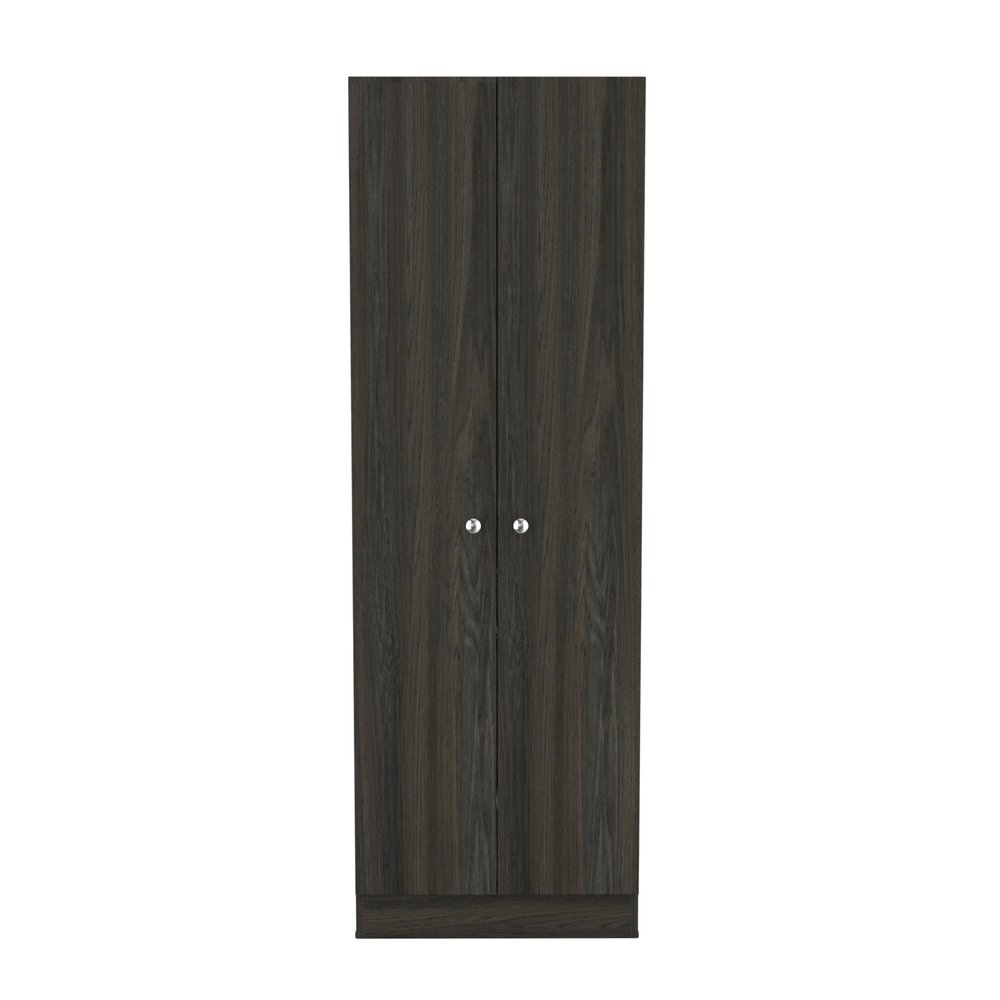 Dark brown wood pantry or storage closet with two doors and silver knobs on a white background.