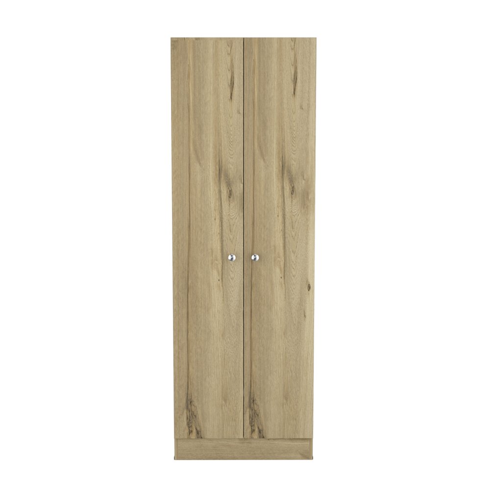 Tall, narrow oak wood storage closet with two doors and silver knobs on a white background.