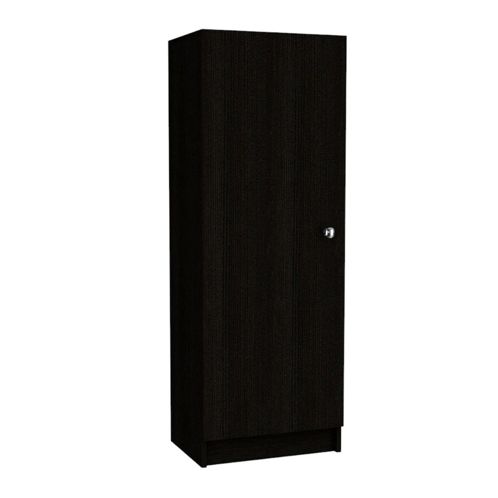 47" Black Wood Pantry Or Storage Closet. Cabinet isolated on a plain white background, finished in black wood.