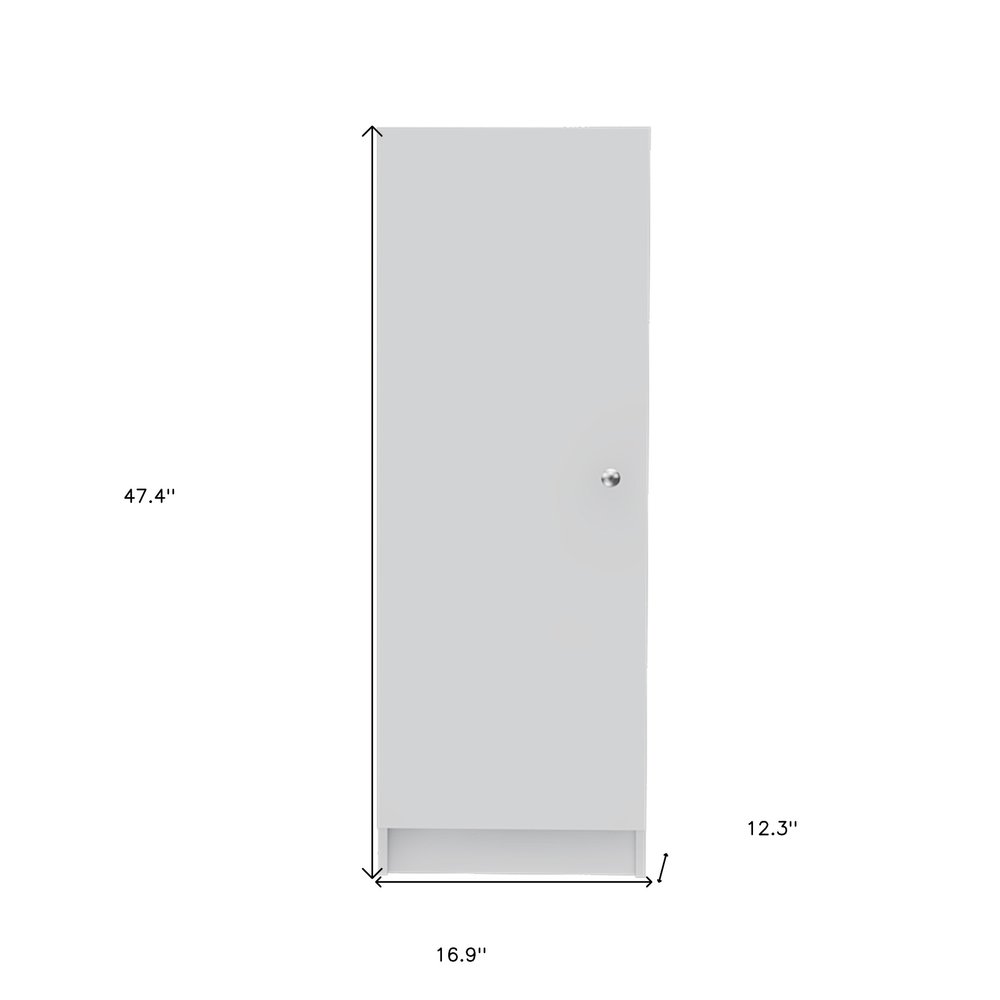 47" White Wood Pantry Or Storage Closet. Cabinet isolated on a plain white background, in a white wood finish.
