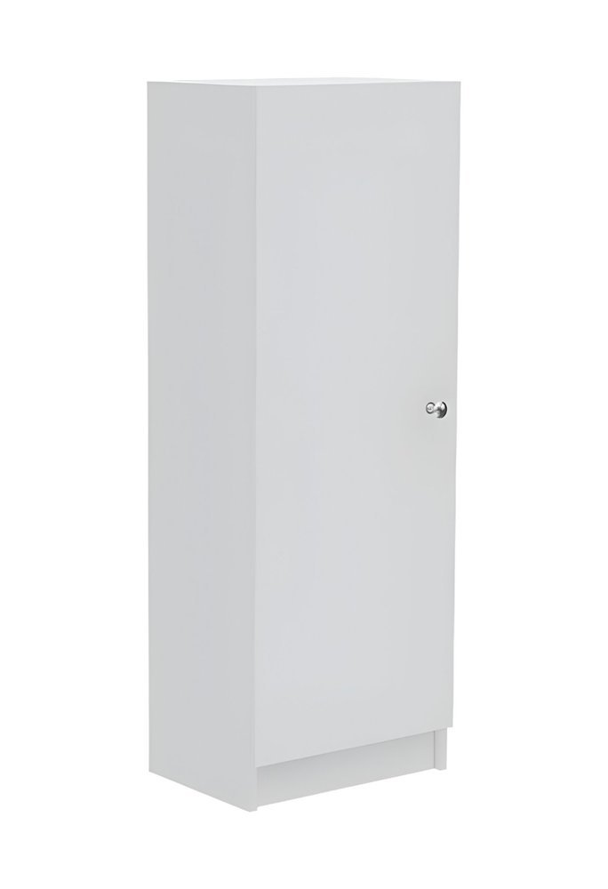 47" White Wood Pantry Or Storage Closet. Cabinet isolated on a plain white background, finished in white wood.