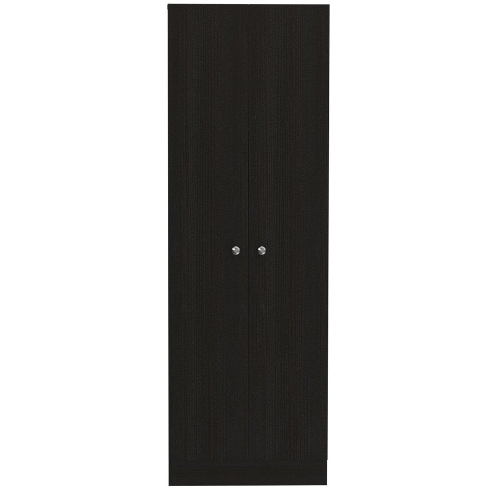 Tall black wood storage closet with two doors and silver knobs against a white background.