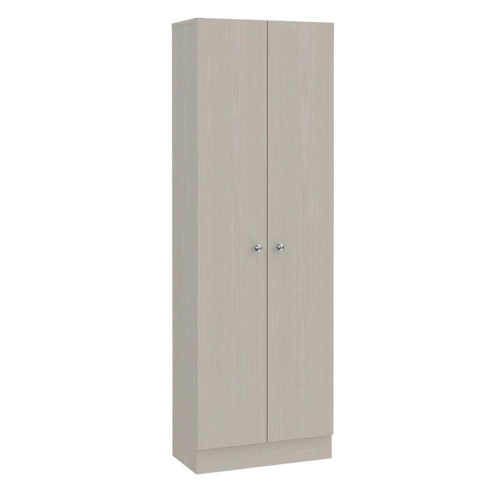 A tall, light gray wood pantry or storage closet with two doors and silver knobs against a white background.