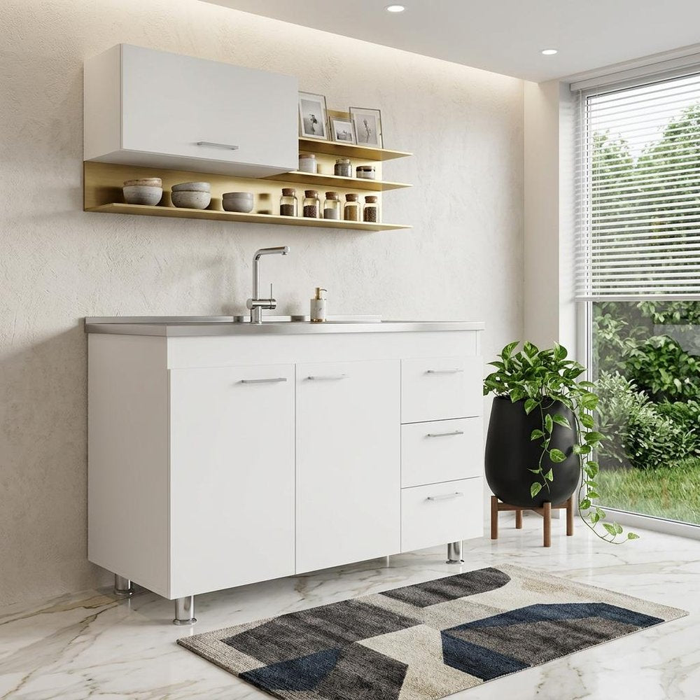 39" Silver and White Wood Console Accent Cabinet With Two Doors And Three Drawers