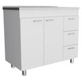 39" Silver and White Wood Console Accent Cabinet With Two Doors And Three Drawers. Cabinet isolated on a plain white background, in a silver wood finish.