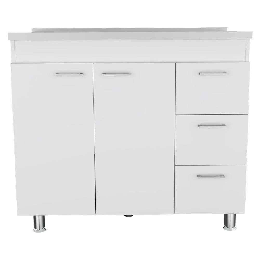 39" Silver and White Wood Console Accent Cabinet With Two Doors And Three Drawers. Cabinet isolated on a plain white background, finished in silver wood.