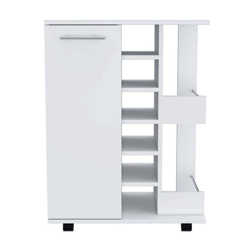 White Rolling Bar Cart With Wine Storage on a white background