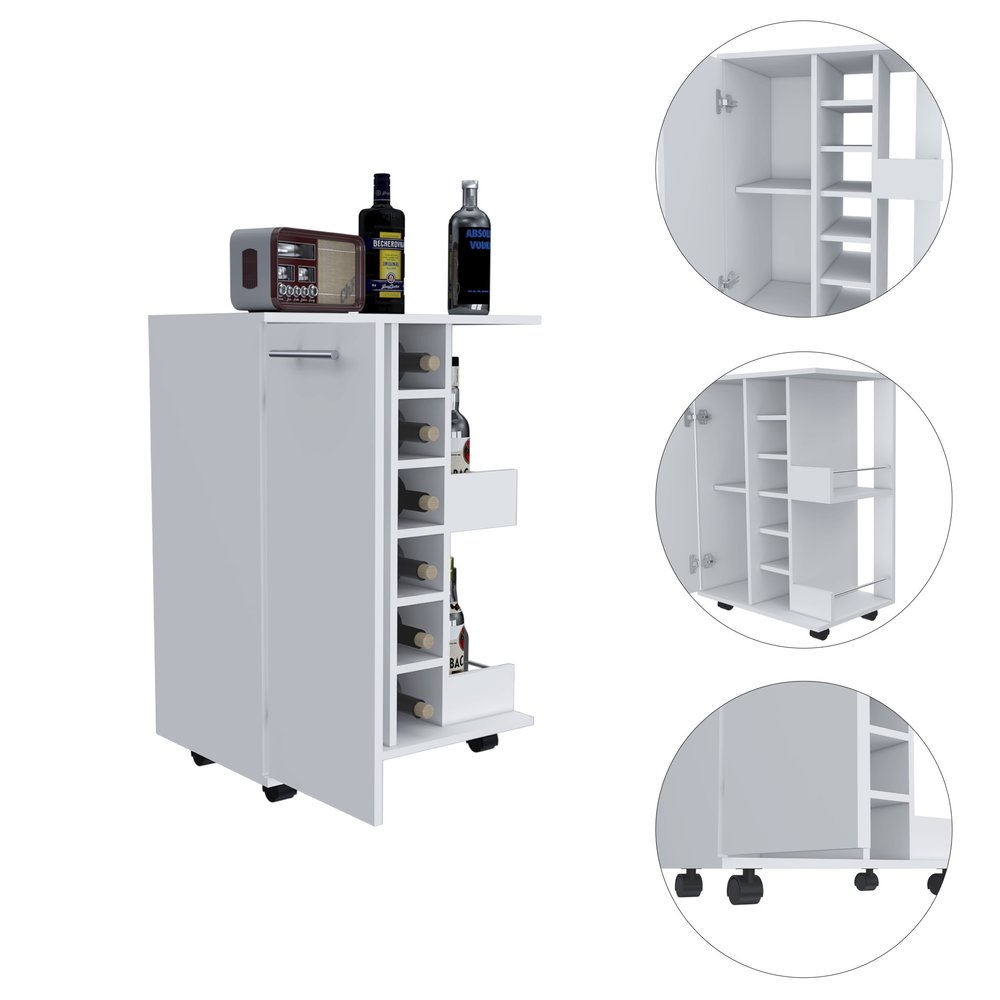White Rolling Bar Cart With Wine Storage on a white background
