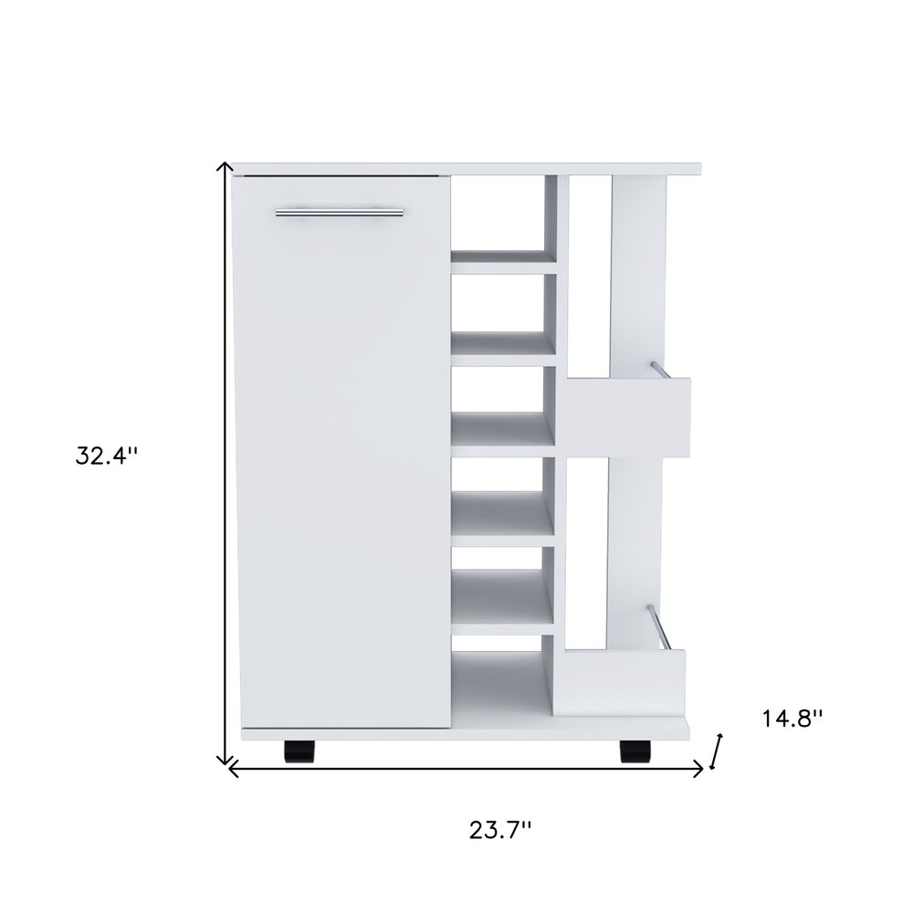 White Rolling Bar Cart With Wine Storage on a white background